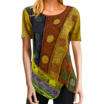 Women Retro Print Casual T-shirt Summer Short Sleeve Blouse Tunic Tee Top