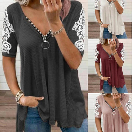 Wabjtam Women Summer T Shirts Short Sleeve V Neck Tunic With Zipper Cold Shoulder Tops Xl