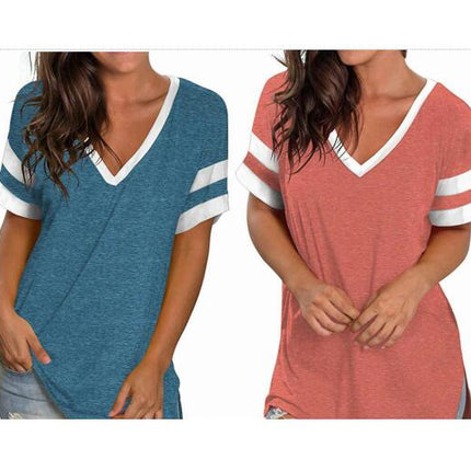 Womens Summer Baggy Tops V Neck Short Sleeve Tunic T-Shirts