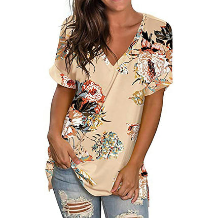 Sajy Womens Summer T Shirts Short Sleeve Tunic Strappy Print V-neck Shoulder Tops