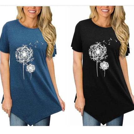 Lady Dandelion Printed Crew Neck Short Sleeve T Shirts Summer Top