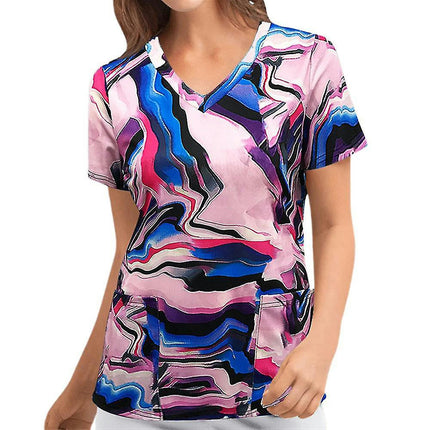 Lady Casual Printed V-neck Short Sleeve T-shirt Summer Top