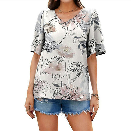 Lady Short Sleeve Tops Printed V-neck Loose Summer T-shirts