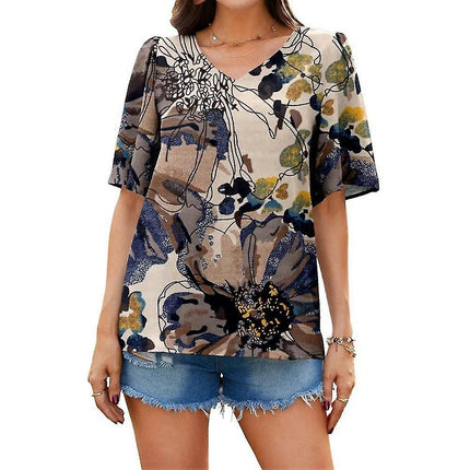 Lady Short Sleeve Tops Printed V-neck Loose Summer T-shirts