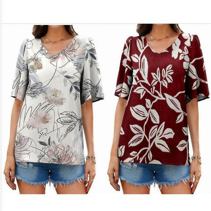 Lady Short Sleeve Tops Printed V-neck Loose Summer T-shirts