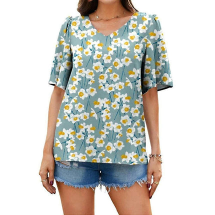 Lady Short Sleeve Tops Printed V-neck Loose Summer T-shirts