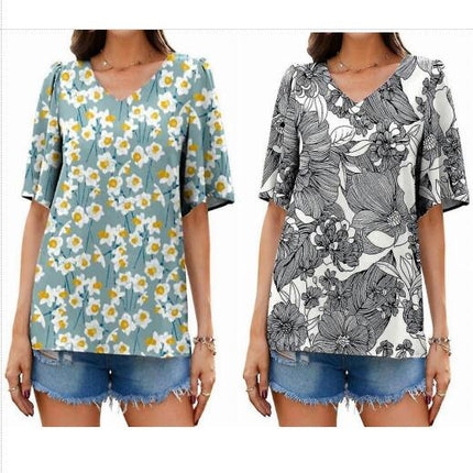 Lady Short Sleeve Tops Printed V-neck Loose Summer T-shirts