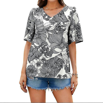 Lady Short Sleeve Tops Printed V-neck Loose Summer T-shirts