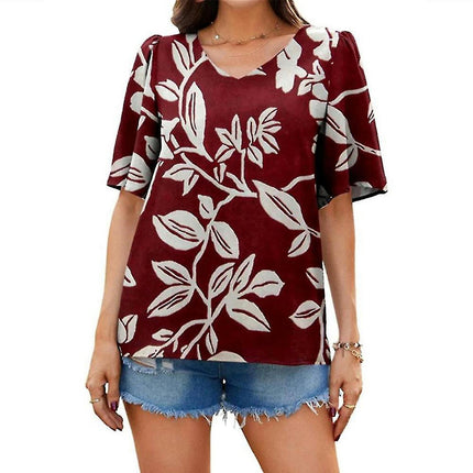 Lady Short Sleeve Tops Printed V-neck Loose Summer T-shirts