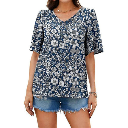 Lady Short Sleeve Tops Printed V-neck Loose Summer T-shirts