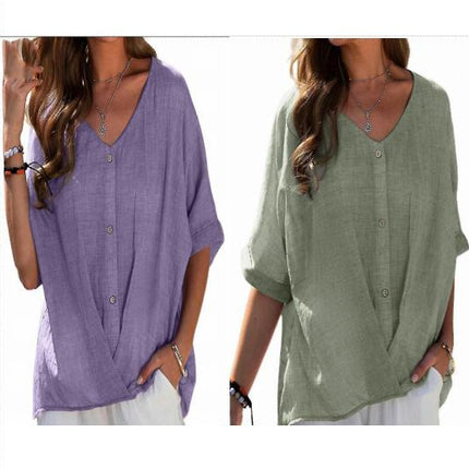 Ladies Loose Fashion Short Sleeve V-neck T-shirt Summer Tops