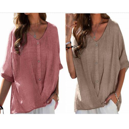 Ladies Loose Fashion Short Sleeve V-neck T-shirt Summer Tops