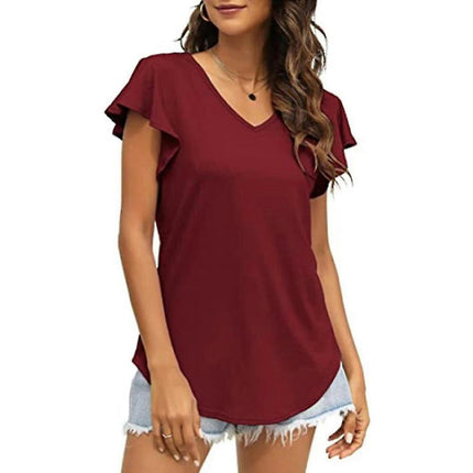 Lady Short Sleeve V Neck T-shirt Blouse Summer Casual Top