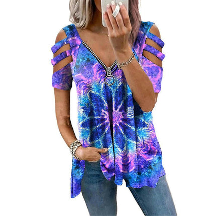 Women Ladies Zip V-neck Summer T-shirt Short Sleeve Casual Tops