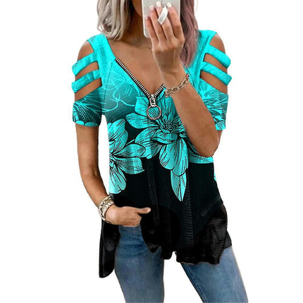 Women Ladies Zip V-neck Summer T-shirt Short Sleeve Casual Tops