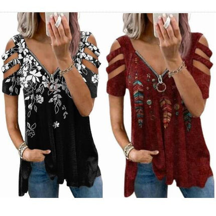 Women Ladies Zip V-neck Summer T-shirt Short Sleeve Casual Tops