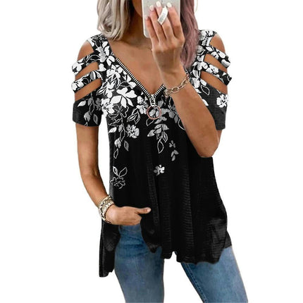 Women Ladies Zip V-neck Summer T-shirt Short Sleeve Casual Tops