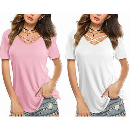 Lady Plain Short Sleeve T-shirt Summer Casual Cross V Neck Tops