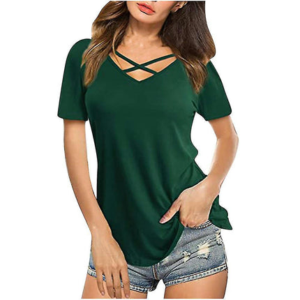 Women's Solid Color Plain Short-sleeved T-shirt Summer Casual Cross V-neck Top