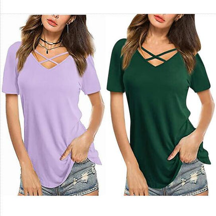 Women's Solid Color Plain Short-sleeved T-shirt Summer Casual Cross V-neck Top