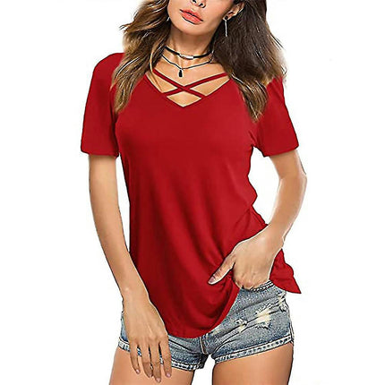 Women's Solid Color Plain Short-sleeved T-shirt Summer Casual Cross V-neck Top