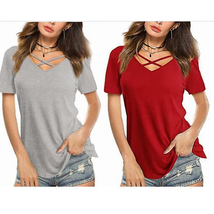 Women's Solid Color Plain Short-sleeved T-shirt Summer Casual Cross V-neck Top