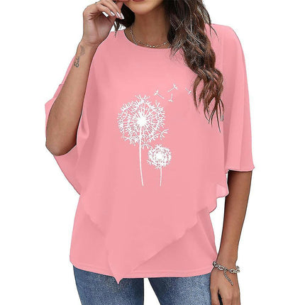 Lady Printed Round Neck Short Sleeve T-shirt Summer Casual Top