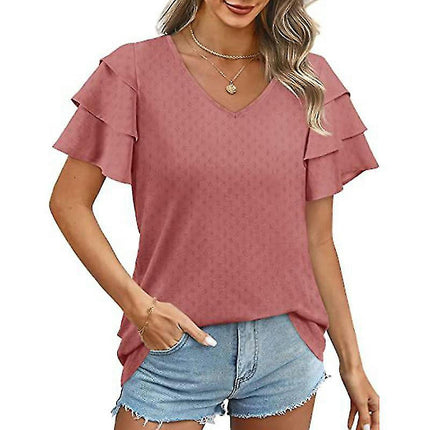 Ladies V Neck T-shirt Basic Summer Tops Short Sleeve T Shirt Soft Pullover Solid Color Tee