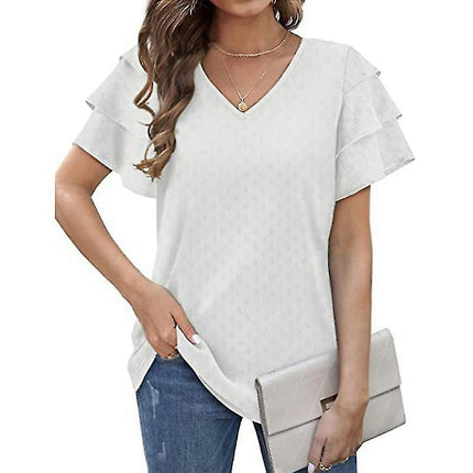 Ladies V Neck T-shirt Basic Summer Tops Short Sleeve T Shirt Soft Pullover Solid Color Tee