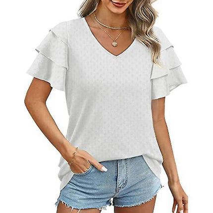 Ladies V Neck T-shirt Basic Summer Tops Short Sleeve T Shirt Soft Pullover Solid Color Tee