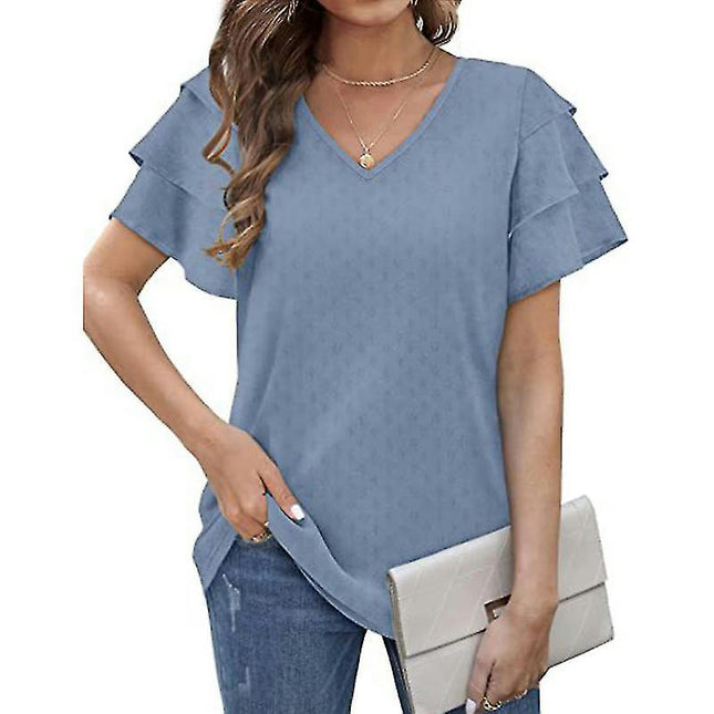 Ladies V Neck T-shirt Basic Summer Tops Short Sleeve T Shirt Soft Pullover Solid Color Tee