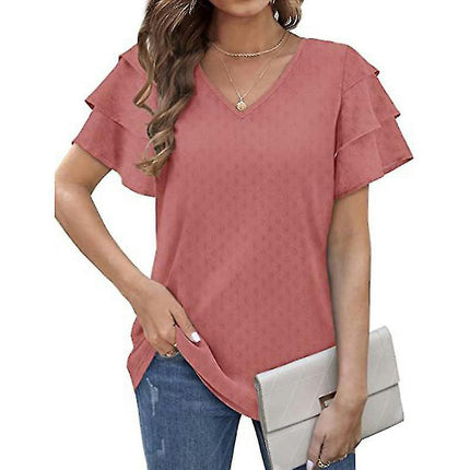 Ladies V Neck T-shirt Basic Summer Tops Short Sleeve T Shirt Soft Pullover Solid Color Tee