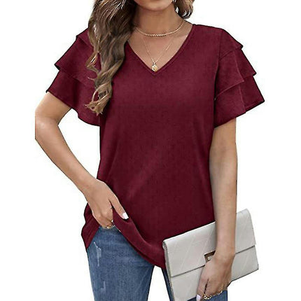 Ladies V Neck T-shirt Basic Summer Tops Short Sleeve T Shirt Soft Pullover Solid Color Tee