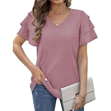 Ladies V Neck T-shirt Basic Summer Tops Short Sleeve T Shirt Soft Pullover Solid Color Tee