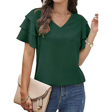 Ladies V Neck T-shirt Basic Summer Tops Short Sleeve T Shirt Soft Pullover Solid Color Tee