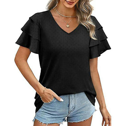 Ladies V Neck T-shirt Basic Summer Tops Short Sleeve T Shirt Soft Pullover Solid Color Tee