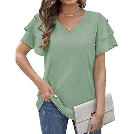 Ladies V Neck T-shirt Basic Summer Tops Short Sleeve T Shirt Soft Pullover Solid Color Tee