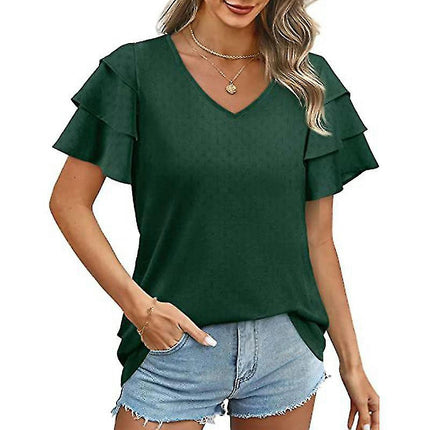 Ladies V Neck T-shirt Basic Summer Tops Short Sleeve T Shirt Soft Pullover Solid Color Tee