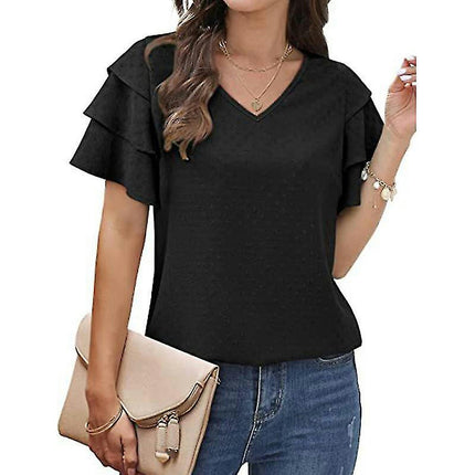 Ladies V Neck T-shirt Basic Summer Tops Short Sleeve T Shirt Soft Pullover Solid Color Tee