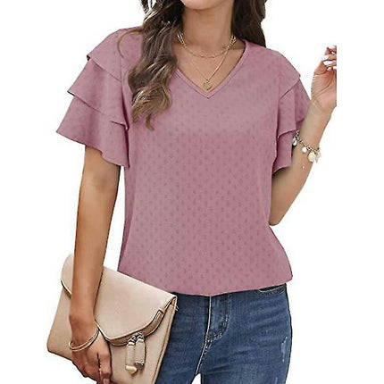 Ladies V Neck T-shirt Basic Summer Tops Short Sleeve T Shirt Soft Pullover Solid Color Tee