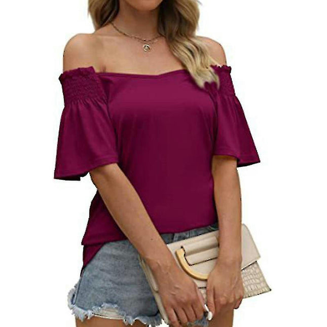 Ladies V Neck T Shirt Summer Tops Off Shoulder T-shirt Short Sleeve Tunic Blouse Model A