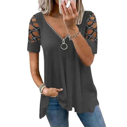 Ladies Plain Hollow Short Sleeve T-shirt Summer Tops