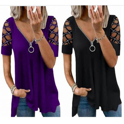 Ladies Plain Hollow Short Sleeve T-shirt Summer Tops