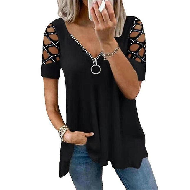 Ladies Plain Hollow Short Sleeve T-shirt Summer Tops