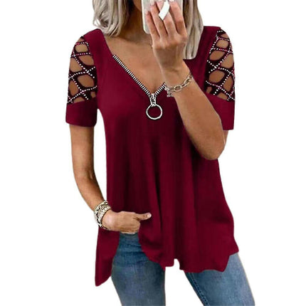 Ladies Plain Hollow Short Sleeve T-shirt Summer Tops