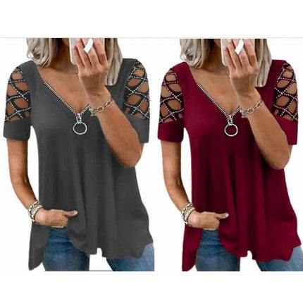 Ladies Plain Hollow Short Sleeve T-shirt Summer Tops