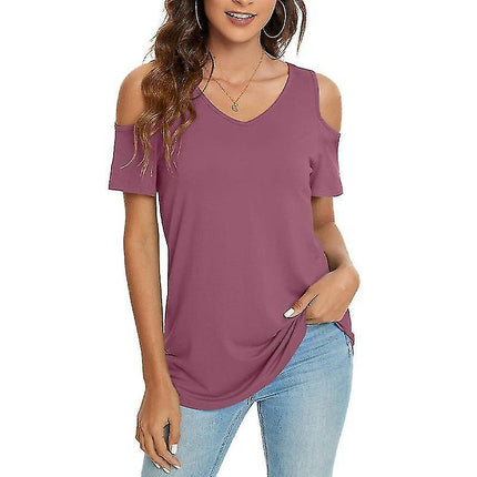 Ladies T-shirt Cold Shoulder Summer Tops Short Sleeve T Shirt Loose Tee Casual Pullover