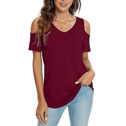 Ladies T-shirt Cold Shoulder Summer Tops Short Sleeve T Shirt Loose Tee Casual Pullover