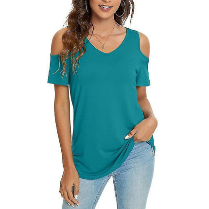 Ladies T-shirt Cold Shoulder Summer Tops Short Sleeve T Shirt Loose Tee Casual Pullover