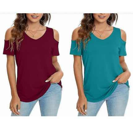 Ladies T-shirt Cold Shoulder Summer Tops Short Sleeve T Shirt Loose Tee Casual Pullover